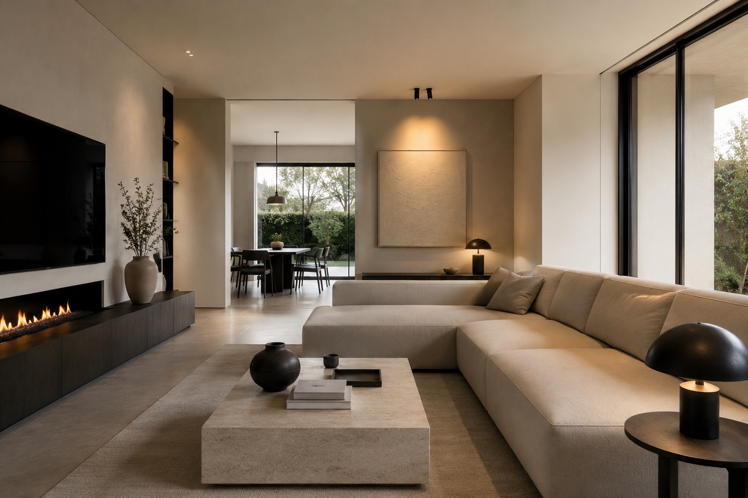 Salón de una vivienda moderna con chimenea y grandes ventanales